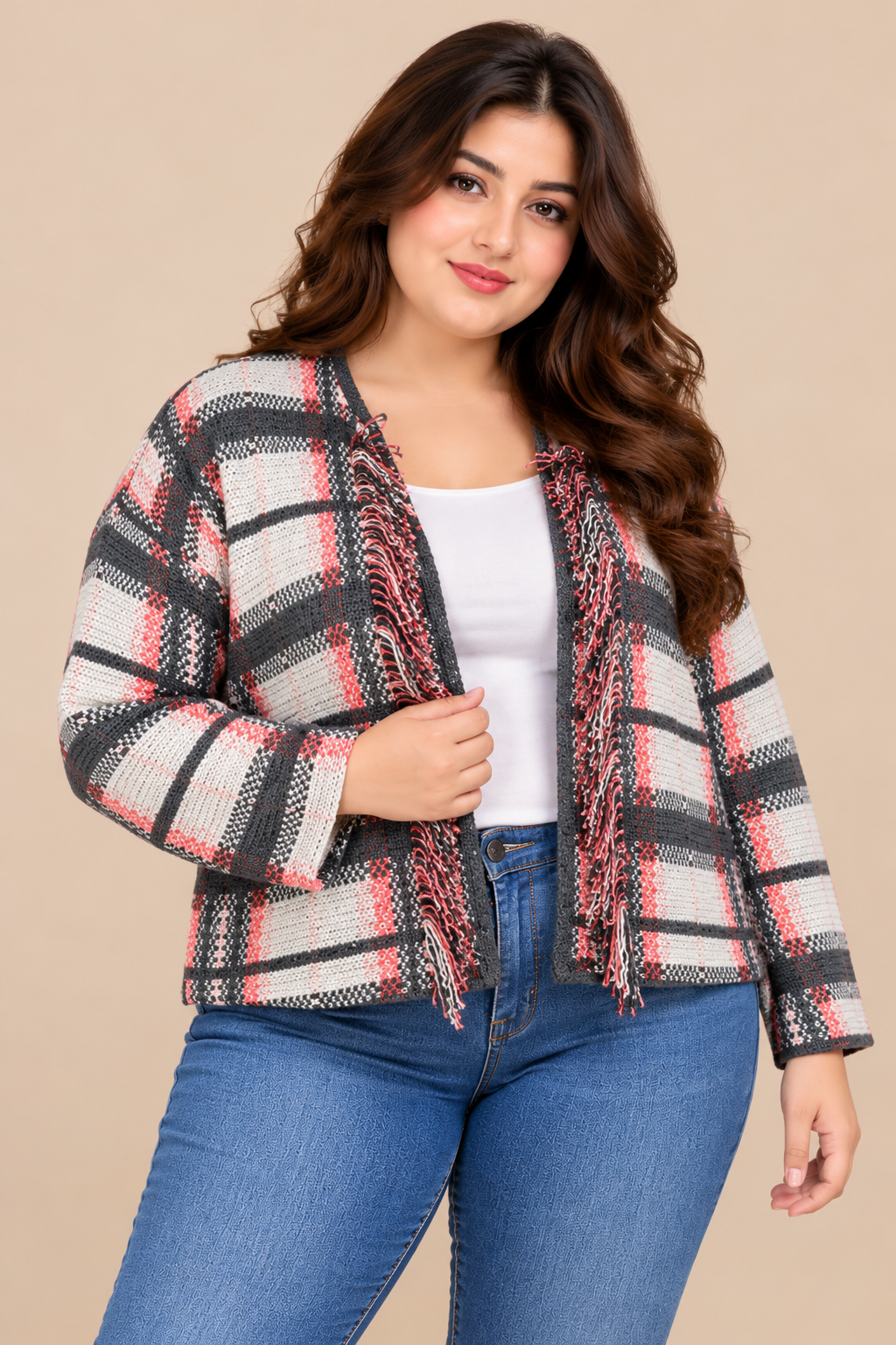 M&S Women's Checked Open Front Cardigan in UK Size 4XL. Stylish grey, cream and pink knit with fringe detailing. Perfect for casual layerig