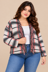 M&S Women Checked Knit Open Front Cardigan with Fringe Detail