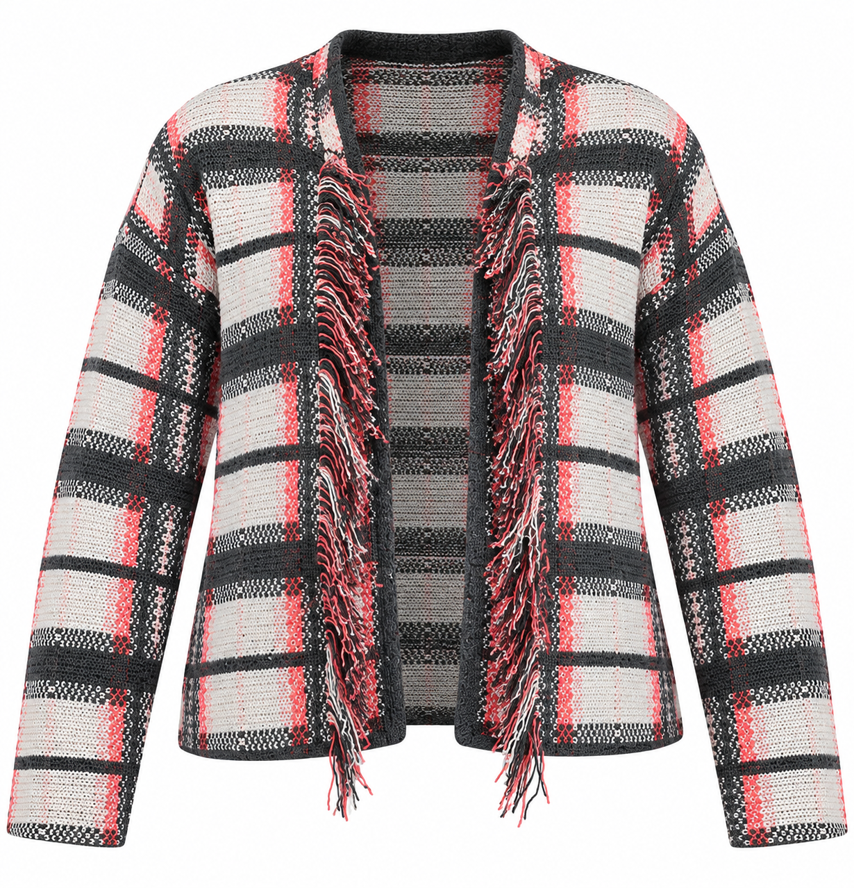  M&S Women's Checked Open Front Cardigan in UK Size 4XL. Stylish grey, cream and pink knit with fringe detailing. Perfect for casual layering.