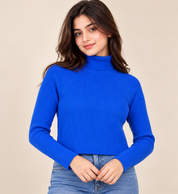 M&S Women’s Cobalt Blue Ribbed Turtleneck Jumper in UK Size S. A stylish fitted long-sleeve knit with a classic high neck, ideal for winter wear.