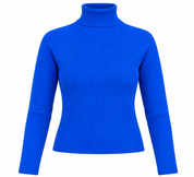 M&S Women’s Cobalt Blue Ribbed Turtleneck Jumper in UK Size S. A stylish fitted long-sleeve knit with a classic high neck, ideal for winter wear.