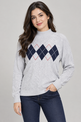 M&S Women Light Grey Argyle Knit Mock Neck Sweater