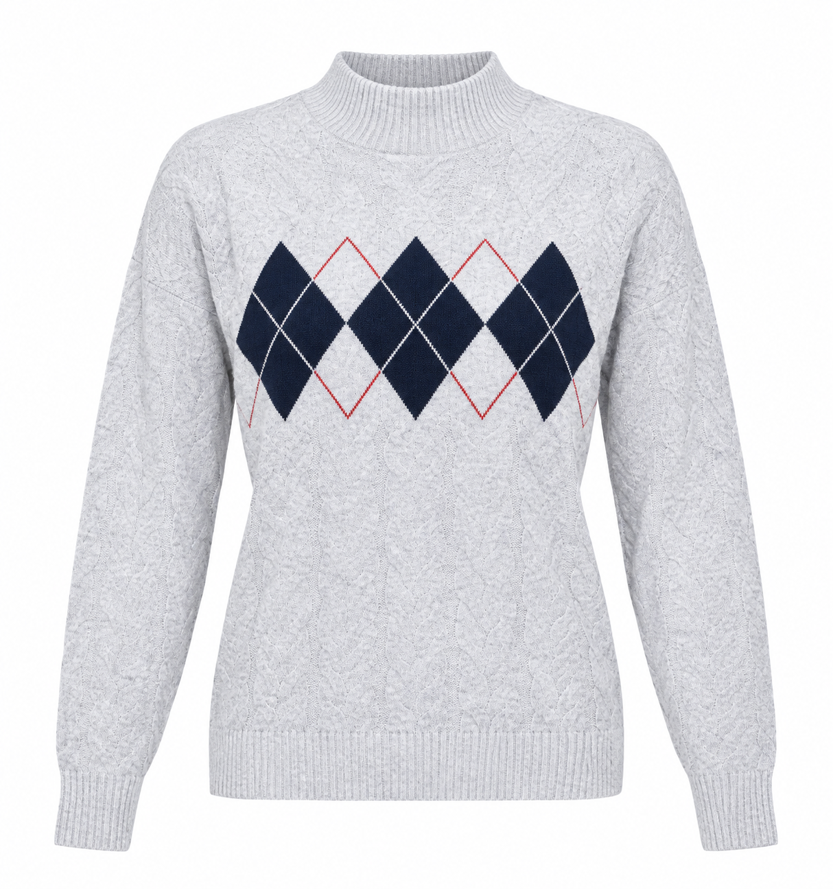  M&S women’s light grey argyle knit sweater, UK Size M. Stylish mock-neck design with navy and red diamond pattern, perfect for cosy autumn and winter outfits.