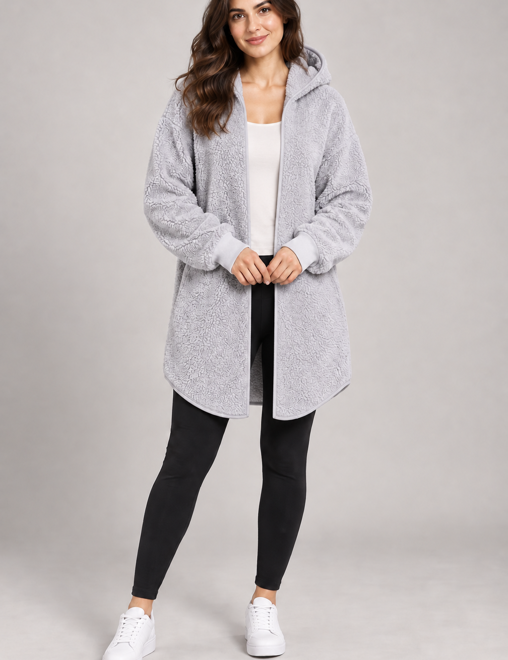   M&S light grey teddy fleece hooded open cardigan in UK Size XL. Soft, cosy and perfect for stylish everyday layering.