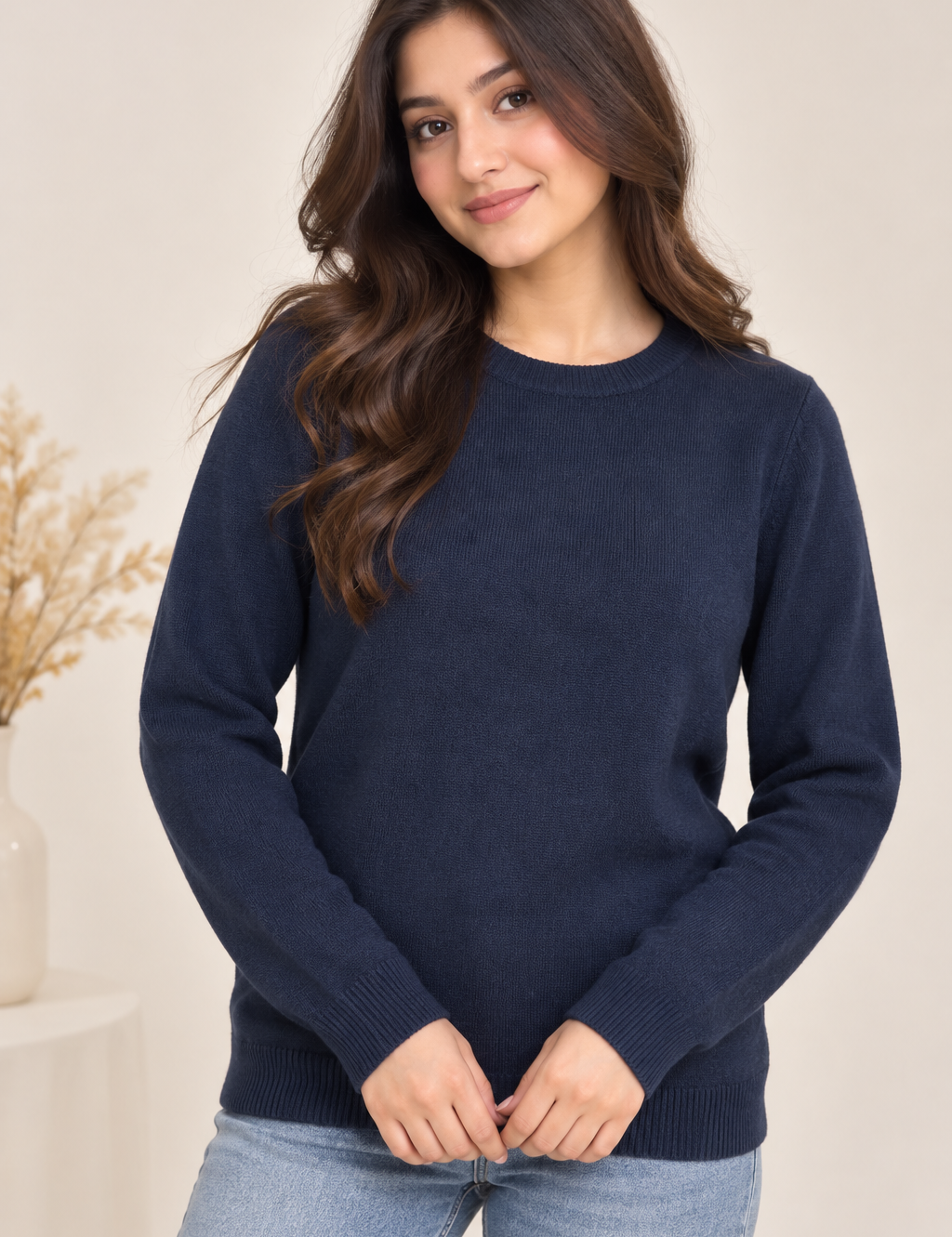 M&S Women’s Navy Blue Crew Neck Jumper in UK Size S. A classic long-sleeve knitted sweater ideal for casual, work and everyday styling.