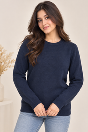 M&S Women’s Navy Blue Crew Neck Jumper in UK Size S. A classic long-sleeve knitted sweater ideal for casual, work and everyday styling.