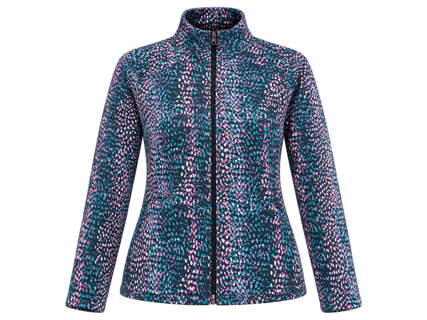  this M&S women’s navy multicolour printed zip-up fleece jacket in UK size L. Stylish, warm and perfect for everyday layering.
