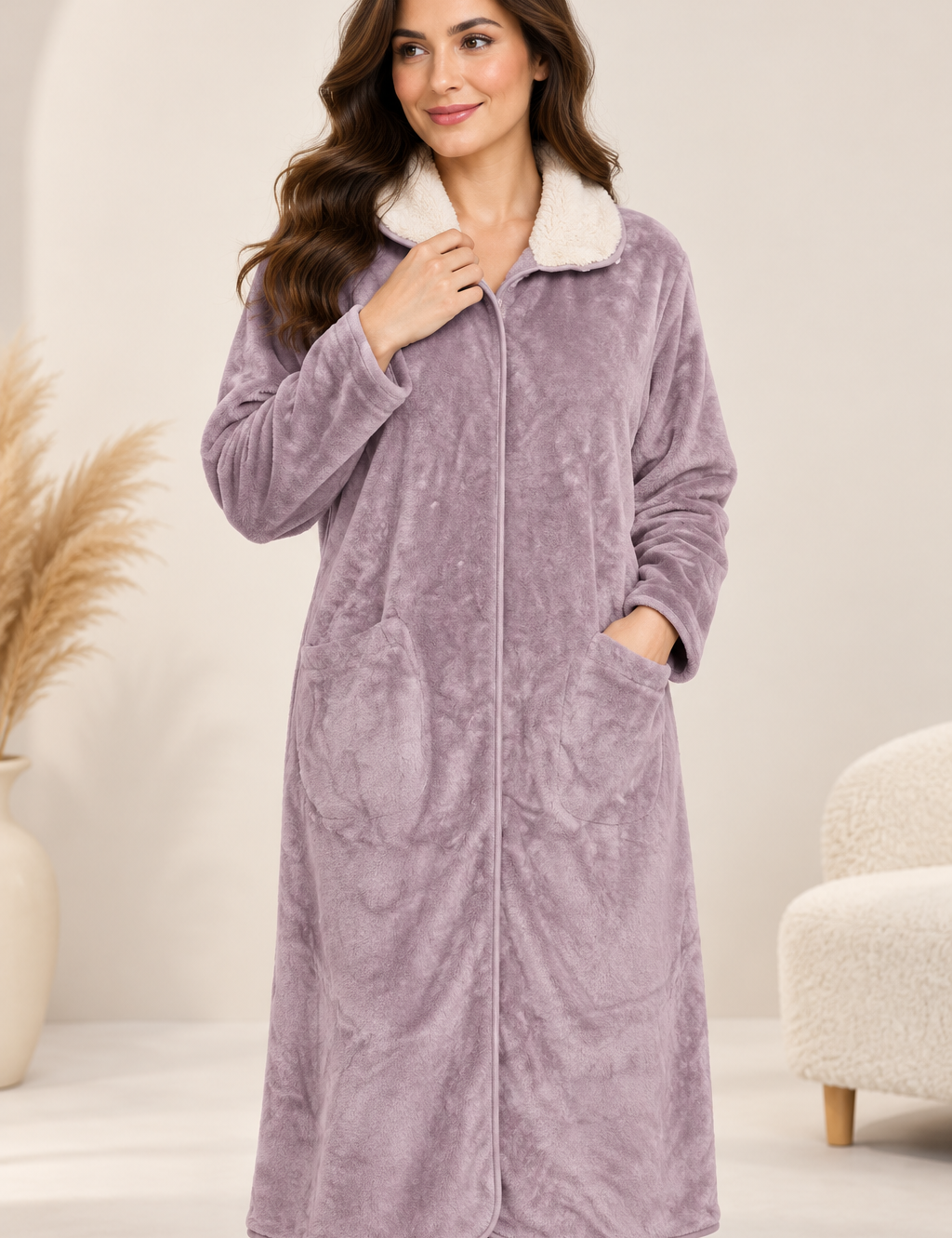  M&S Women’s Plush Fleece Dressing Gown in UK Size 16–18. Cosy mauve long robe with sherpa-style collar, front pockets and soft warm fabric.
