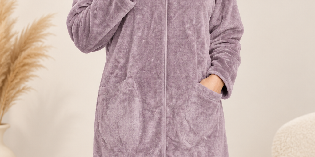  M&S Women’s Plush Fleece Dressing Gown in UK Size 16–18. Cosy mauve long robe with sherpa-style collar, front pockets and soft warm fabric.