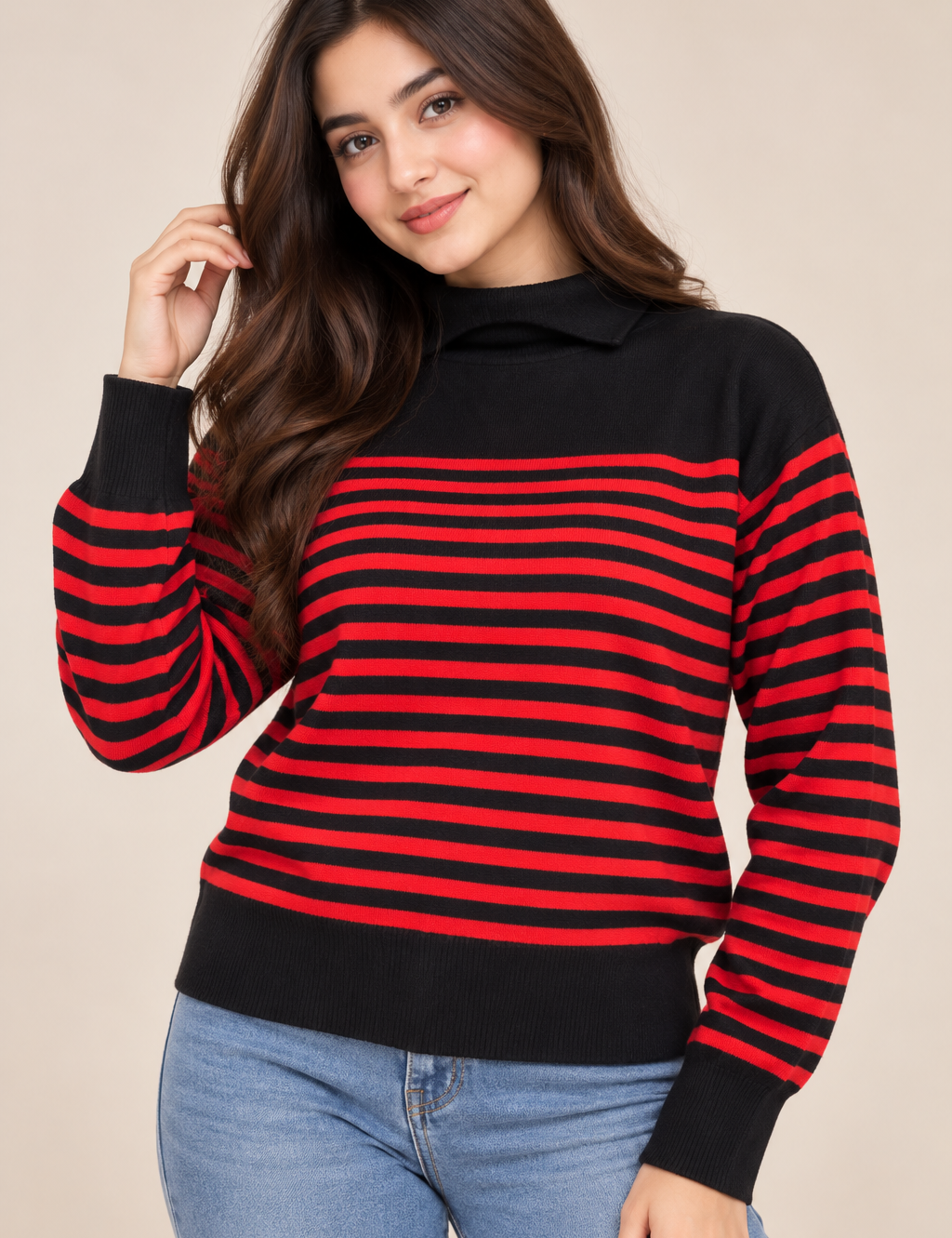  M&S women’s black and red striped roll neck jumper in UK Size 16. Stylish long-sleeve knitwear ideal for casual and winter outfits.