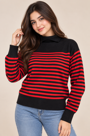  M&S women’s black and red striped roll neck jumper in UK Size 16. Stylish long-sleeve knitwear ideal for casual and winter outfits.