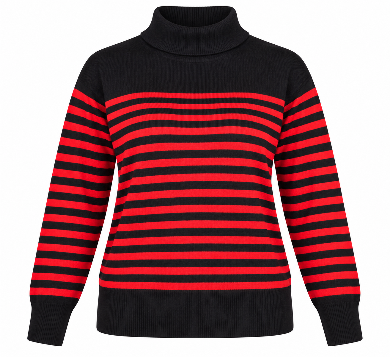  M&S women’s black and red striped roll neck jumper in UK Size 16. Stylish long-sleeve knitwear ideal for casual and winter outfits.