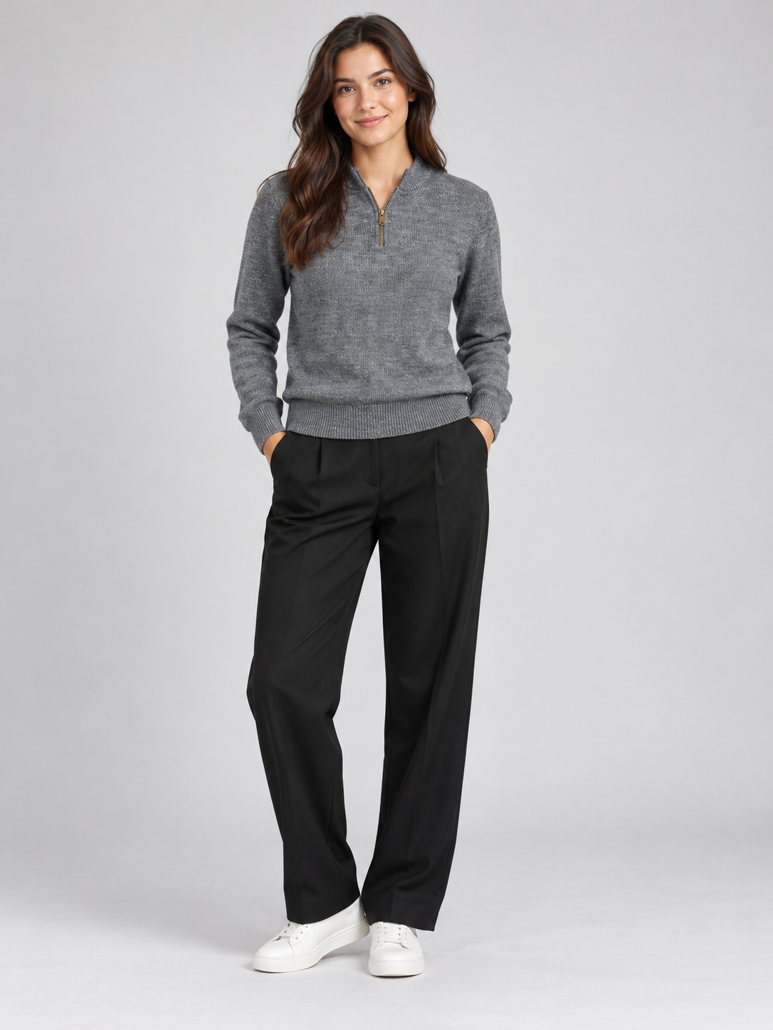 M&S women’s grey marl quarter-zip jumper in UK XL, featuring long sleeves, a ribbed collar and gold-tone zip for easy everyday styling.