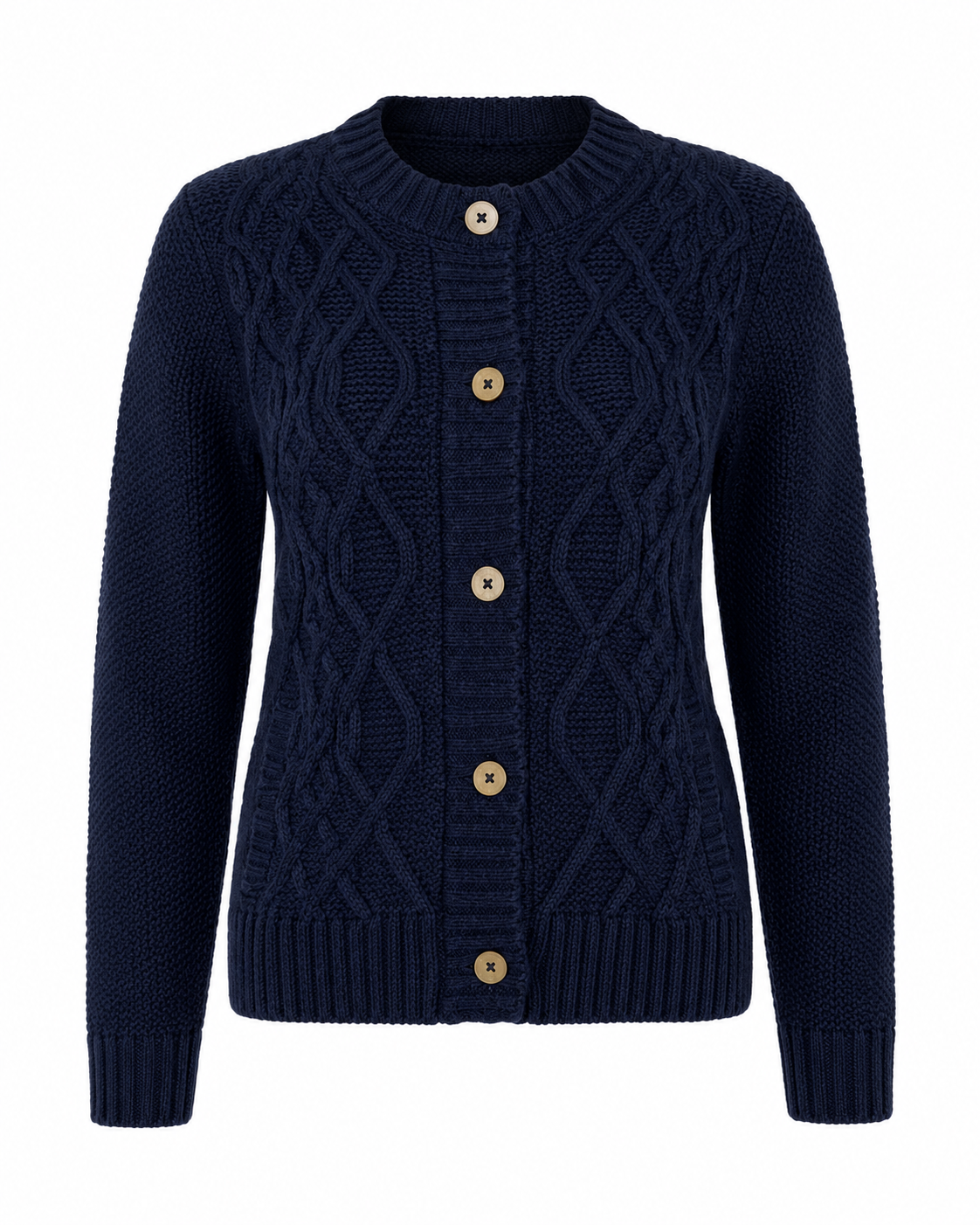  M&S Women’s Navy Blue Cable Knit Cardigan in UK Size 12. Classic button-front design with textured cable knit, long sleeves and ribbed trims.