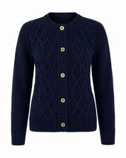  M&S Women’s Navy Blue Cable Knit Cardigan in UK Size 12. Classic button-front design with textured cable knit, long sleeves and ribbed trims.