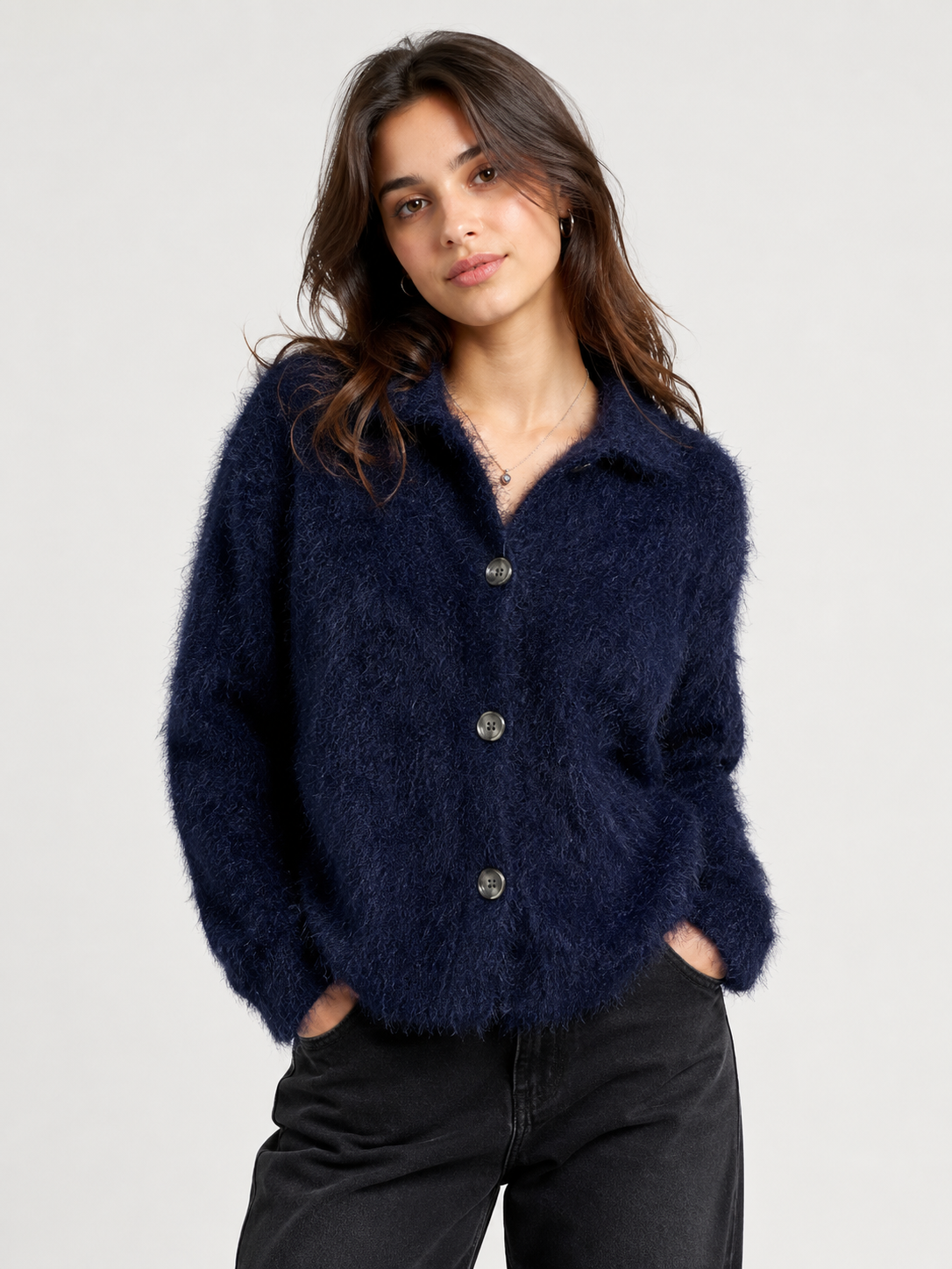 M&S Women’s Navy Blue Fuzzy Knit Cardigan in UK Size M. Soft textured knit, two-button front, long sleeves and versatile everyday style