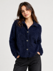  M&S Women’s Navy Blue Fuzzy Knit Cardigan in UK Size M. Soft textured knit, two-button front, long sleeves and versatile everyday style