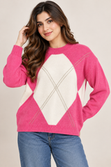 M&S Women’s Pink & Cream Argyle Knit Jumper