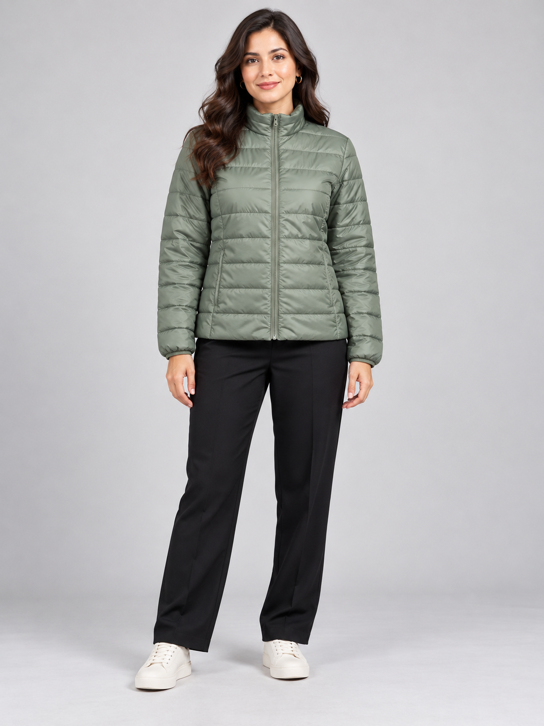   M&S women’s sage green quilted puffer jacket in UK size 10, featuring a stand collar, full zip and side pockets for everyday styling.