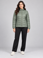   M&S women’s sage green quilted puffer jacket in UK size 10, featuring a stand collar, full zip and side pockets for everyday styling.