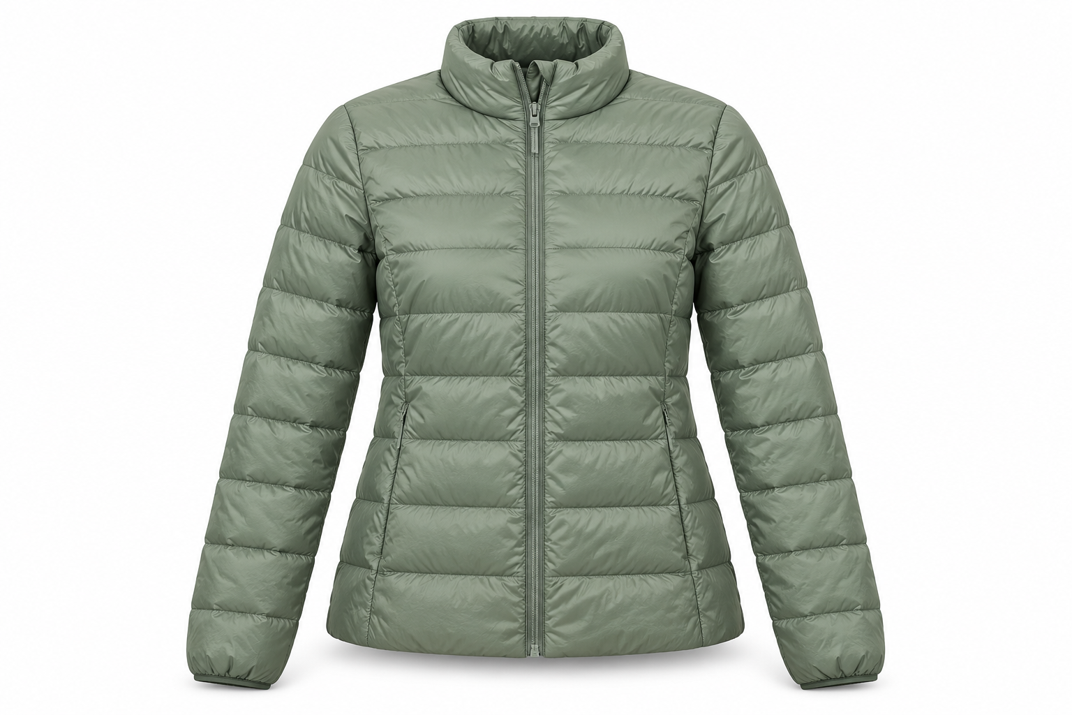   M&S women’s sage green quilted puffer jacket in UK size 10, featuring a stand collar, full zip and side pockets for everyday styling.