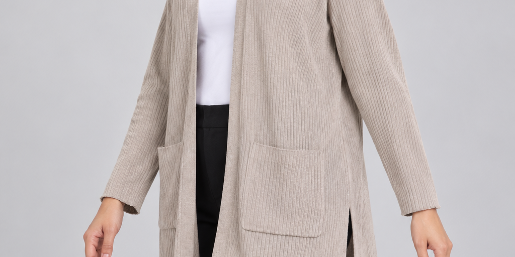   M&S women’s taupe rib-knit cardigan in UK XL. Open-front styling, long sleeves and side slits make it ideal for everyday layering.