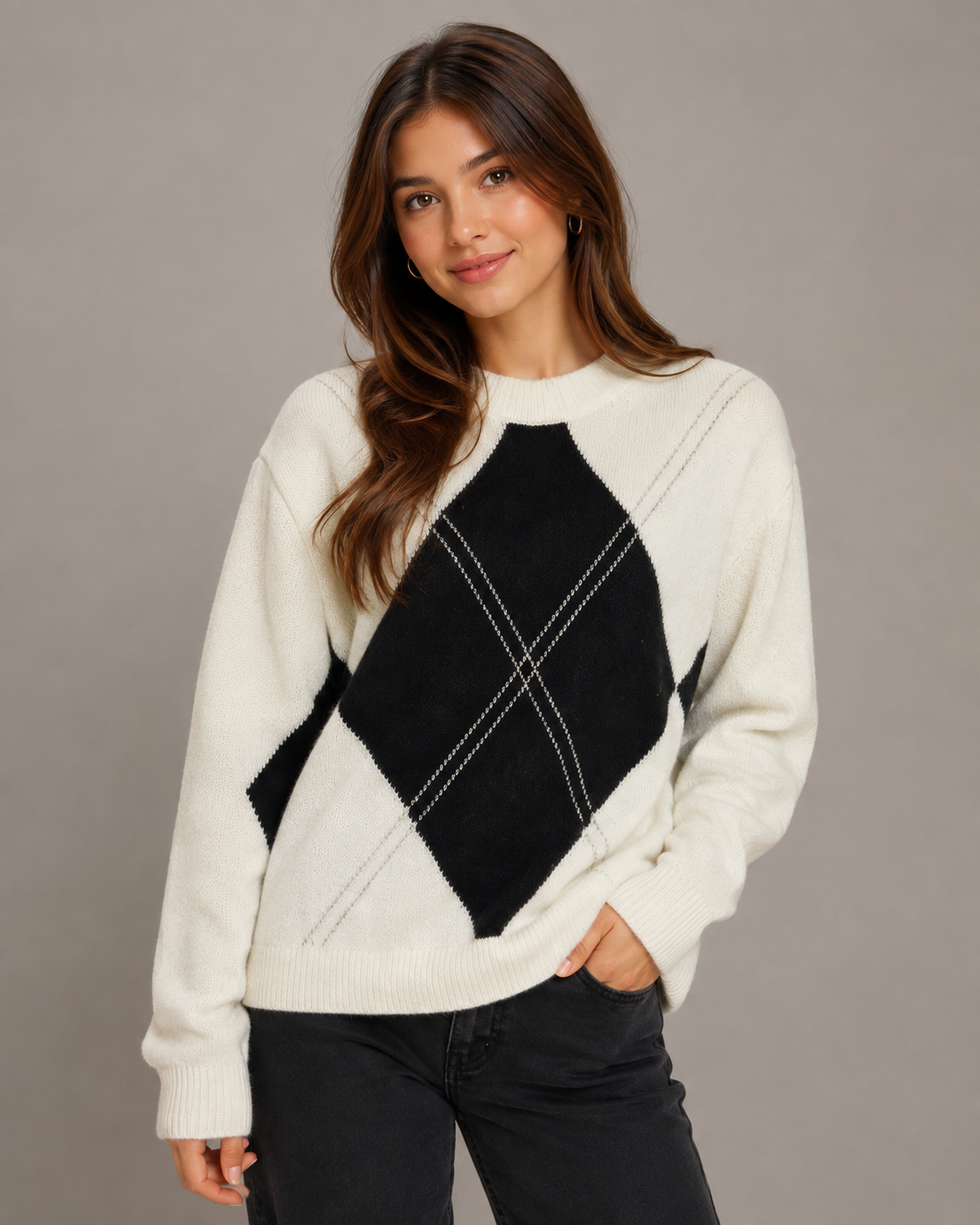  M&S Women's Cream & Black Argyle Knit Jumper. Soft crew neck sweater with a timeless argyle design, perfect for casual, office, and winter wear. UK handpicked fashion.