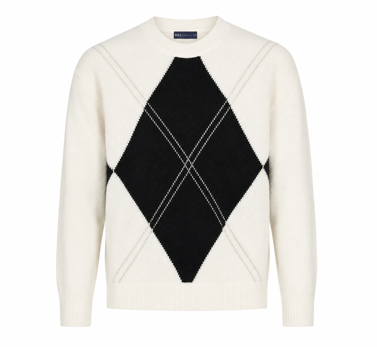  M&S Women's Cream & Black Argyle Knit Jumper. Soft crew neck sweater with a timeless argyle design, perfect for casual, office, and winter wear. UK handpicked fashion.
