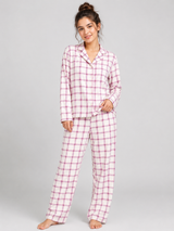 M&S Womens Cream & Pink Check Pyjama Set