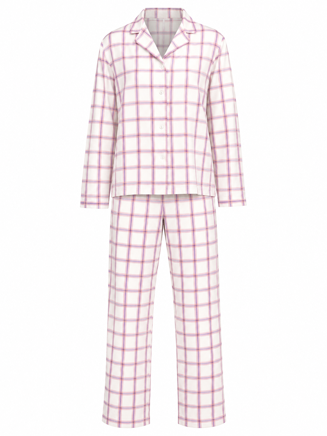  M&S women’s cream and pink checked pyjama set in UK size L. Long-sleeve button top with matching full-length trousers, ideal for sleepwear and lounging.