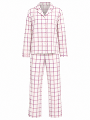  M&S women’s cream and pink checked pyjama set in UK size L. Long-sleeve button top with matching full-length trousers, ideal for sleepwear and lounging.