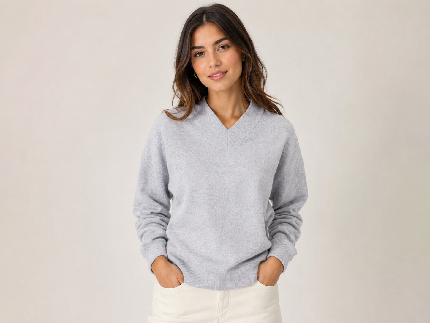  M&S Women's Light Grey V-Neck Knit Jumper in UK Size M. Classic long-sleeve design with ribbed cuffs and hem, perfect for everyday styling.