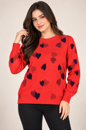  M&S Women's Red Heart Print Knitted Jumper in UK Size 18. Stylish long sleeve crew neck sweater, perfect for casual autumn and winter outfits.