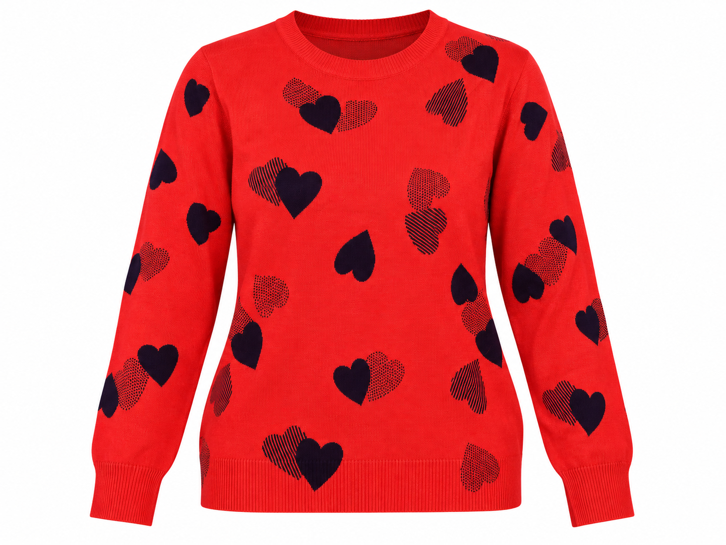  M&S Women's Red Heart Print Knitted Jumper in UK Size 18. Stylish long sleeve crew neck sweater, perfect for casual autumn and winter outfits.