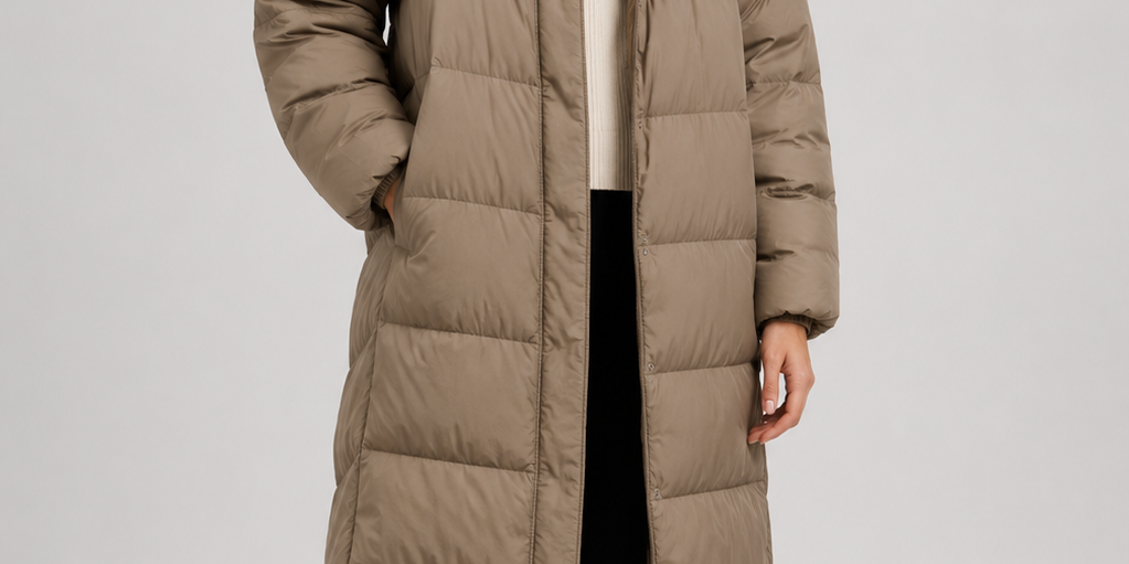  M&S Women's Taupe Quilted Hooded Puffer Coat in UK Size 10. Stylish longline padded winter jacket with a versatile neutral design.