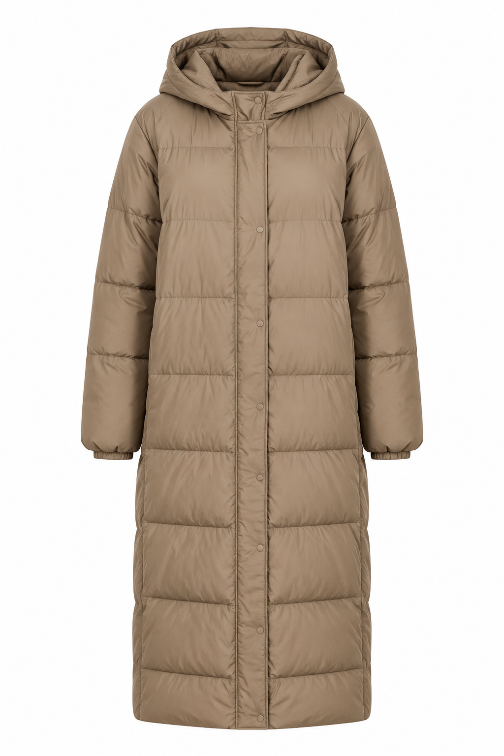  M&S Women's Taupe Quilted Hooded Puffer Coat in UK Size 10. Stylish longline padded winter jacket with a versatile neutral design.