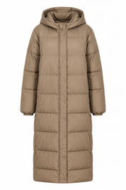  M&S Women's Taupe Quilted Hooded Puffer Coat in UK Size 10. Stylish longline padded winter jacket with a versatile neutral design.