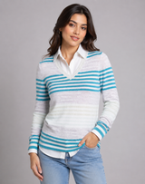 M&S Womens Teal & White Striped V-Neck Knit Jumper