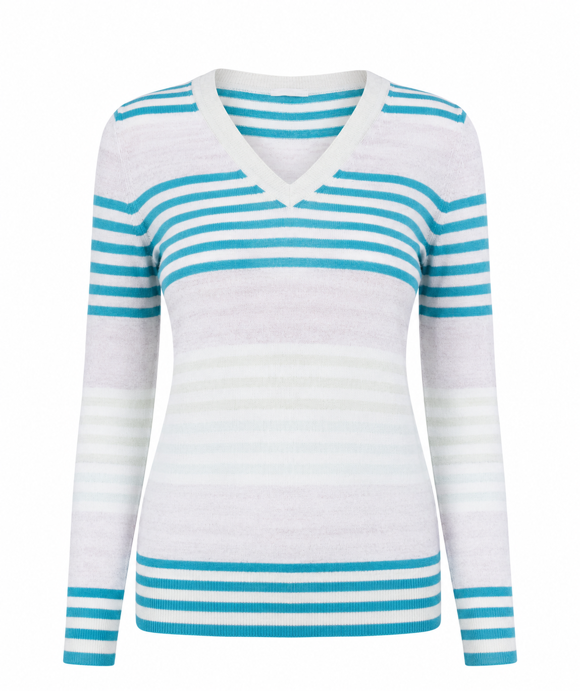  M&S women’s teal and white striped V-neck knit jumper in UK size 16. Stylish long-sleeve sweater with ribbed details, perfect for casual and smart-casual outfits.