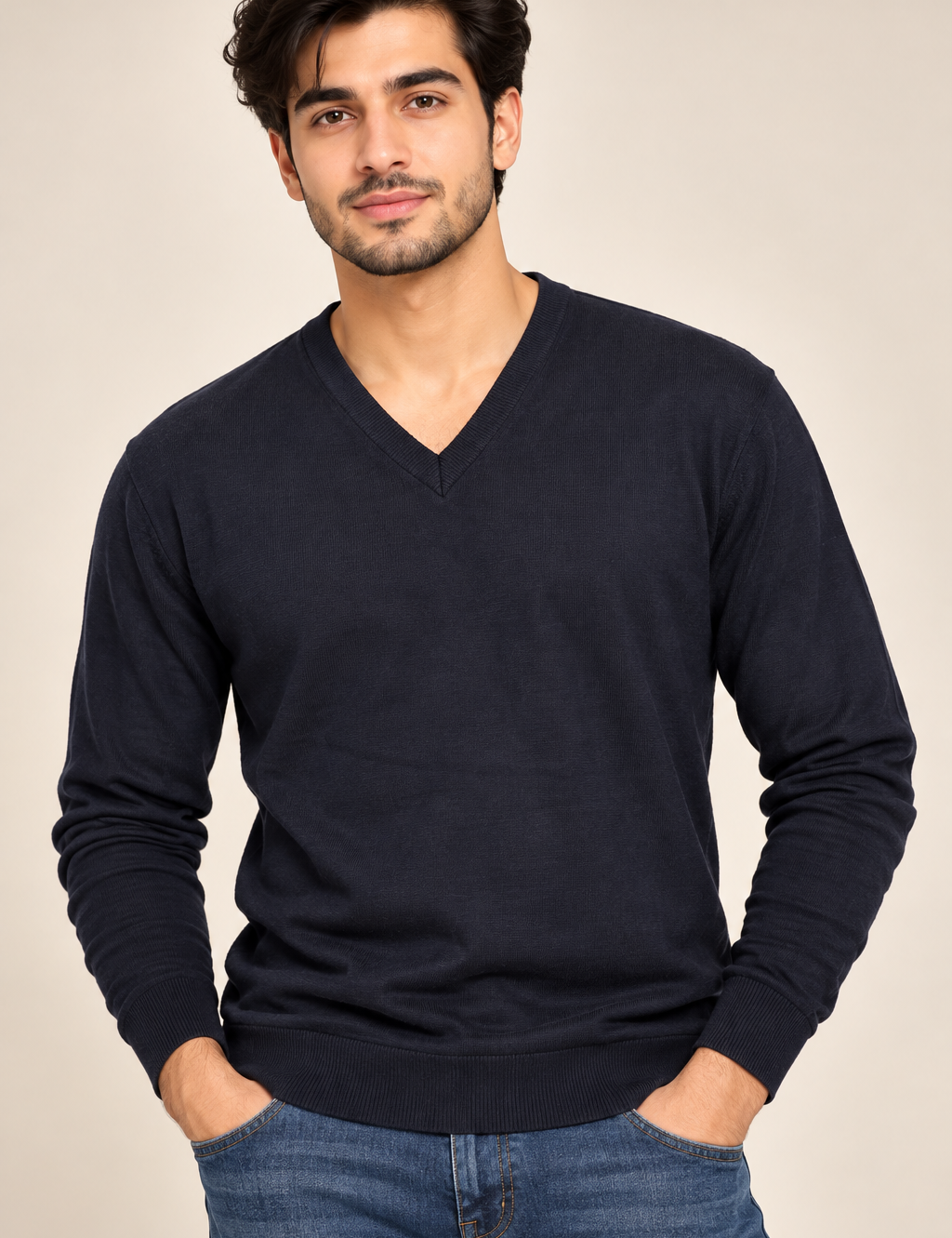 MADDINS Men’s Navy V-Neck Knit Jumper in UK Size XL. Classic long-sleeve pullover with ribbed trims, ideal for smart-casual and everyday wear.