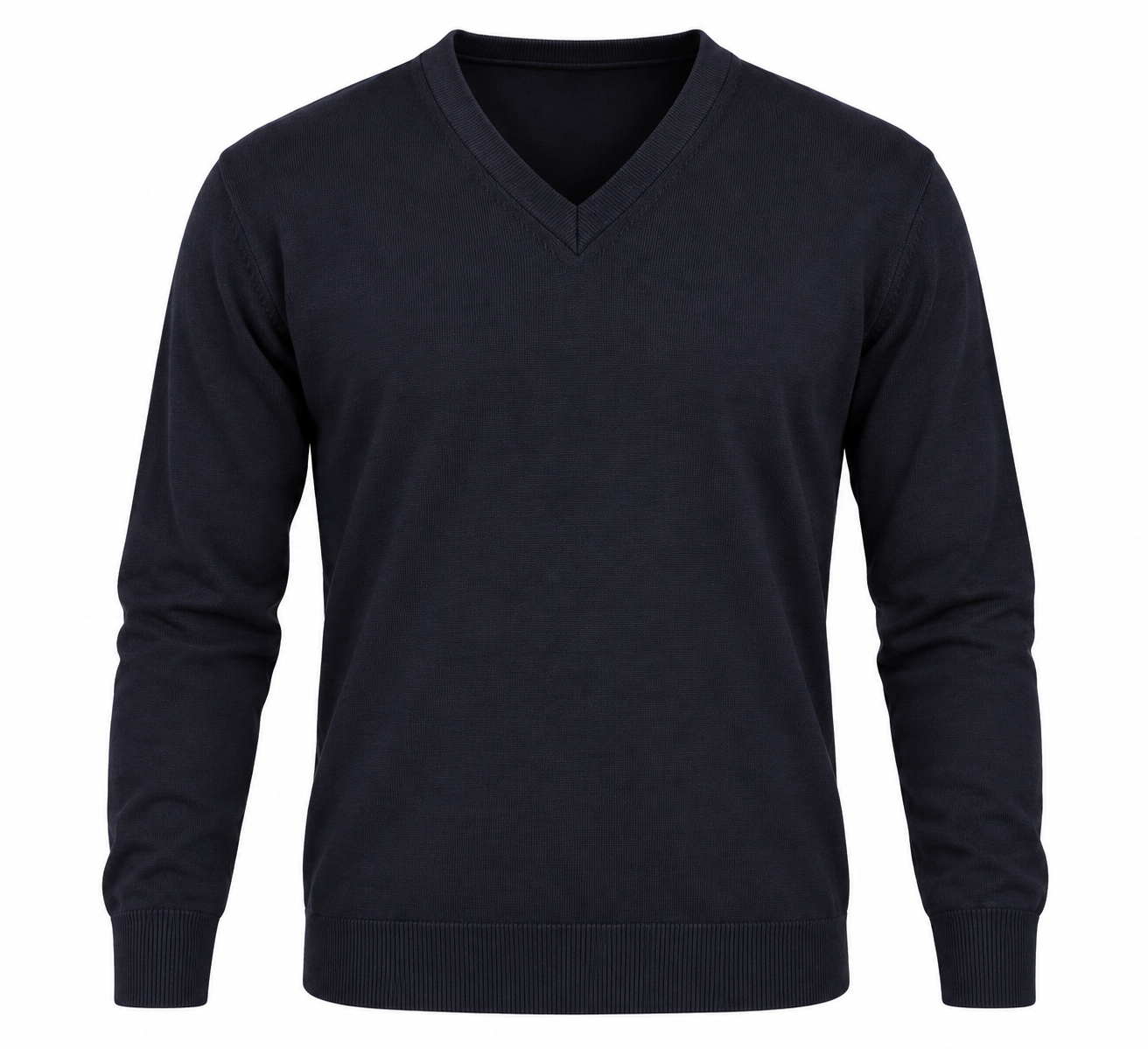 MADDINS Men’s Navy V-Neck Knit Jumper in UK Size XL. Classic long-sleeve pullover with ribbed trims, ideal for smart-casual and everyday wear.