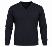 MADDINS Men’s Navy V-Neck Knit Jumper in UK Size XL. Classic long-sleeve pullover with ribbed trims, ideal for smart-casual and everyday wear.