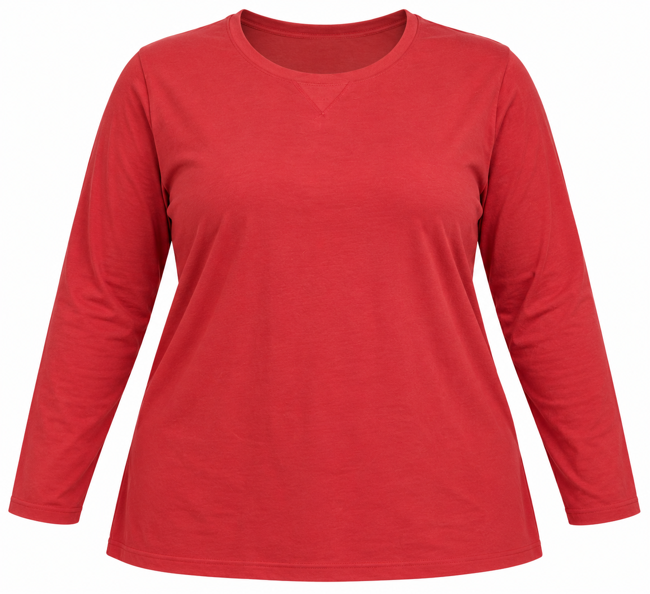 Made in Cambodia Women's Rust Red Long Sleeve Top in UK Size 3XL. Stylish crew neck, relaxed plus-size fit and versatile everyday casual wear.