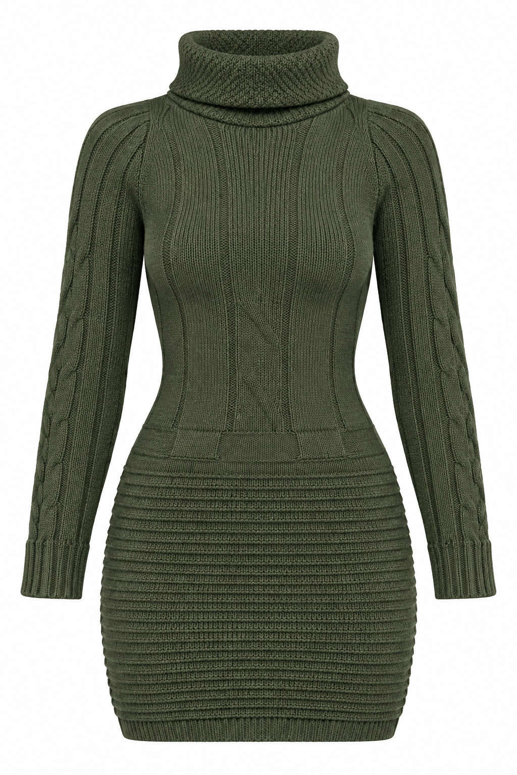 the MADE IN ITALY olive green knitted turtleneck sweater dress in UK Size S. A warm, stylish textured knit dress perfect for autumn and winter.
