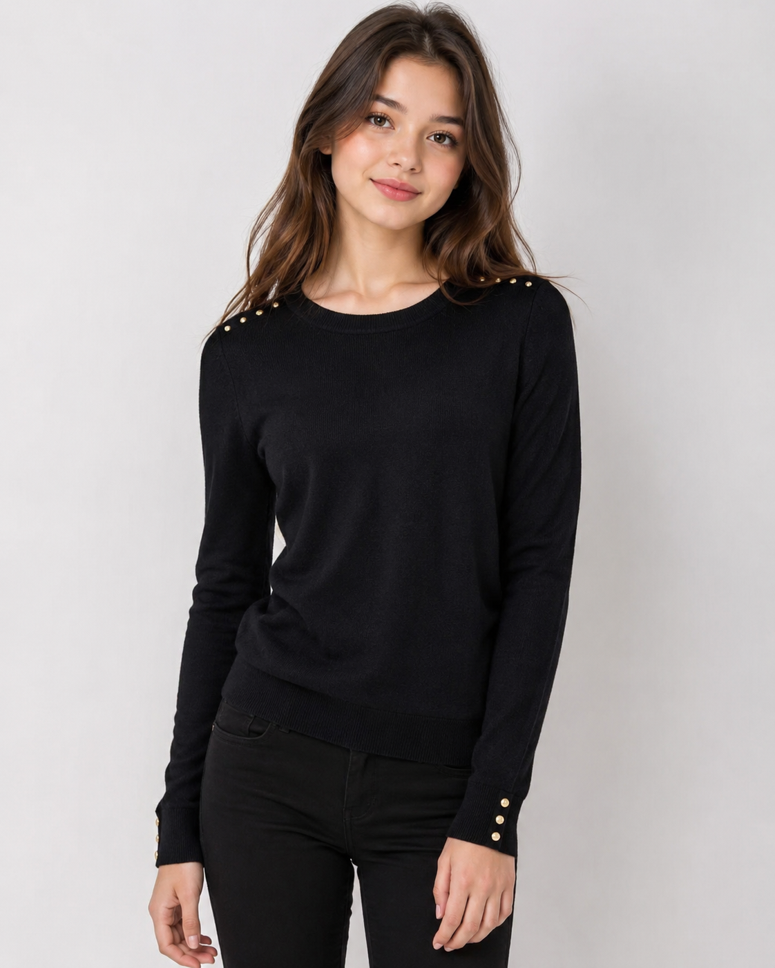 12 with elegant gold stud shoulder detailing and cuff buttons. A stylish and versatile women's jumper for casual and smart outfits.
