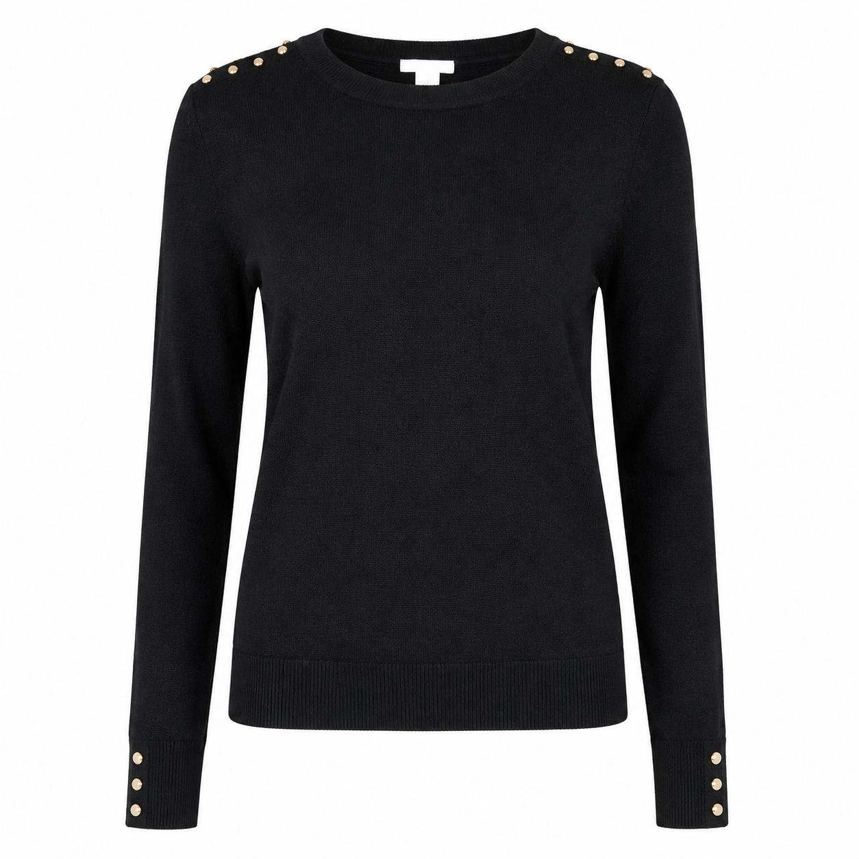 12 with elegant gold stud shoulder detailing and cuff buttons. A stylish and versatile women's jumper for casual and smart outfits.