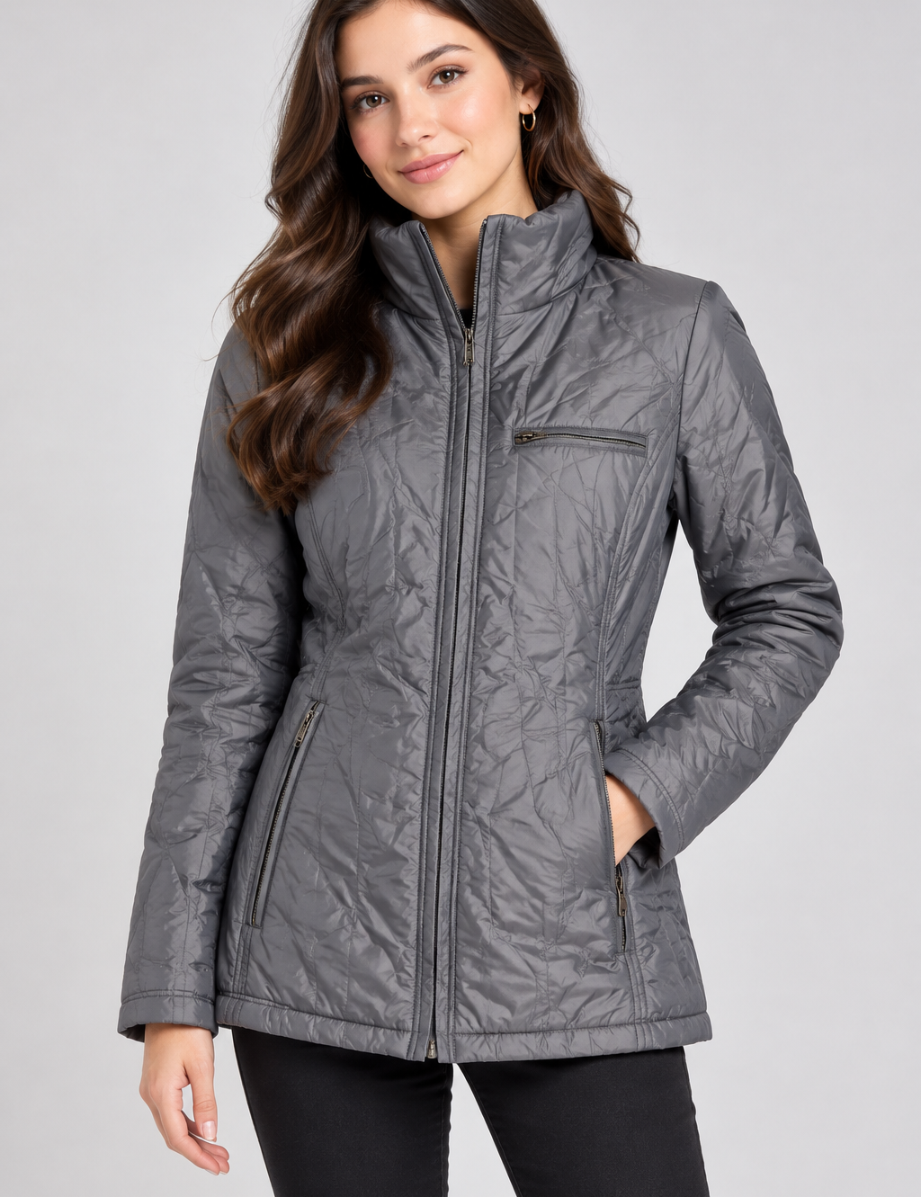  the MAINE Women’s Grey Quilted Puffer Jacket in UK Size M. Features a high neck, full zip fastening, long sleeves and practical zipped pockets.