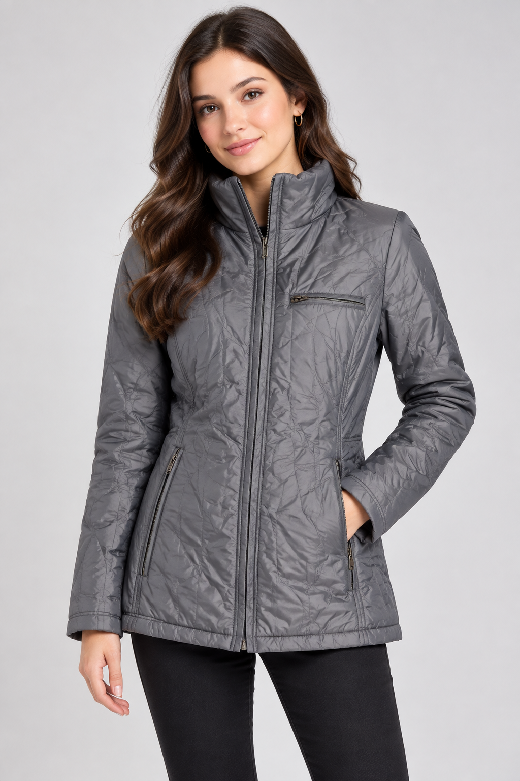  the MAINE Women’s Grey Quilted Puffer Jacket in UK Size M. Features a high neck, full zip fastening, long sleeves and practical zipped pockets.