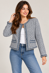 MAISON SCOTCH Women's Blue & White Textured Tweed Cropped Jacket