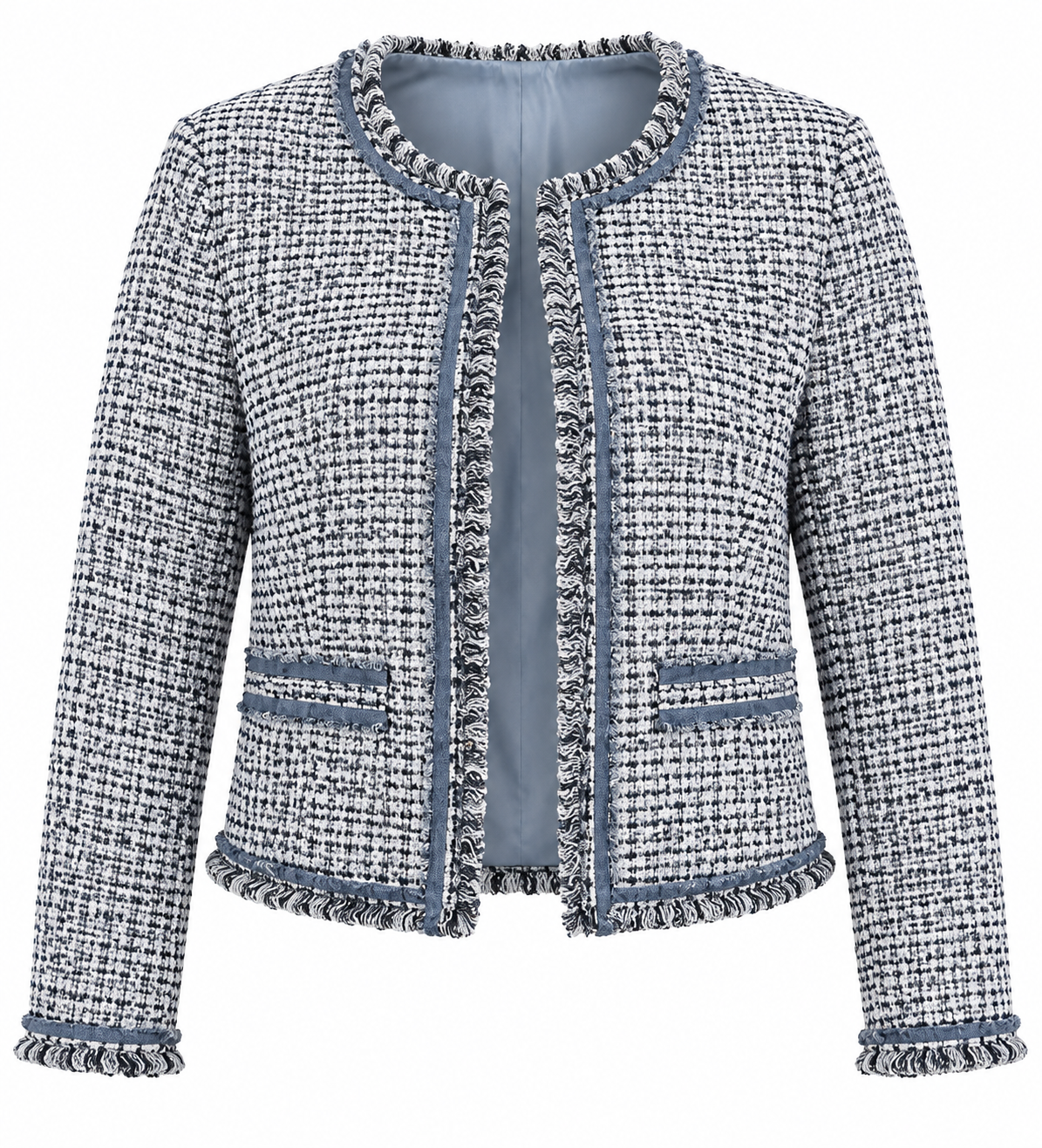  MAISON SCOTCH Women's Blue & White Tweed Cropped Jacket in UK Size M. Elegant textured design with frayed trim, perfect for smart casual outfits.